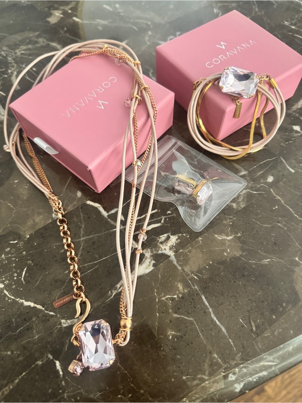 Pink Crystal Pendant Necklace, Earrings, & Bracelet Set